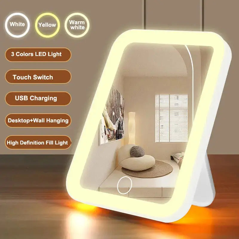 3 Colors LED Vanity Mirror with Touch Screen USB Rechargeable Dimming Makeup Mirror 3 Brightness Portable BoosterCity