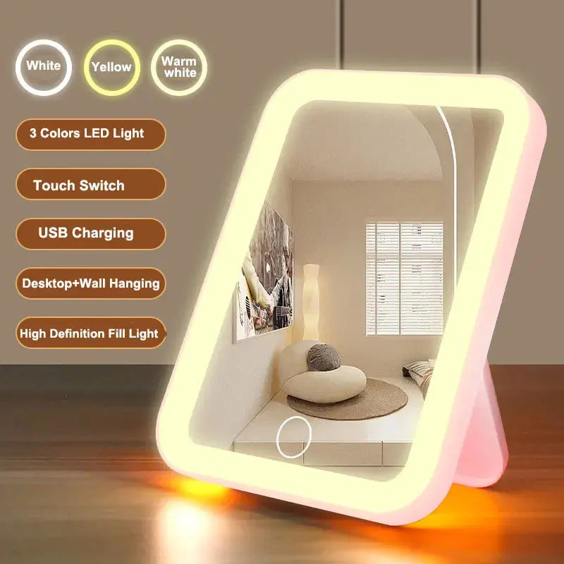 3 Colors LED Vanity Mirror with Touch Screen USB Rechargeable Dimming Makeup Mirror 3 Brightness Portable BoosterCity