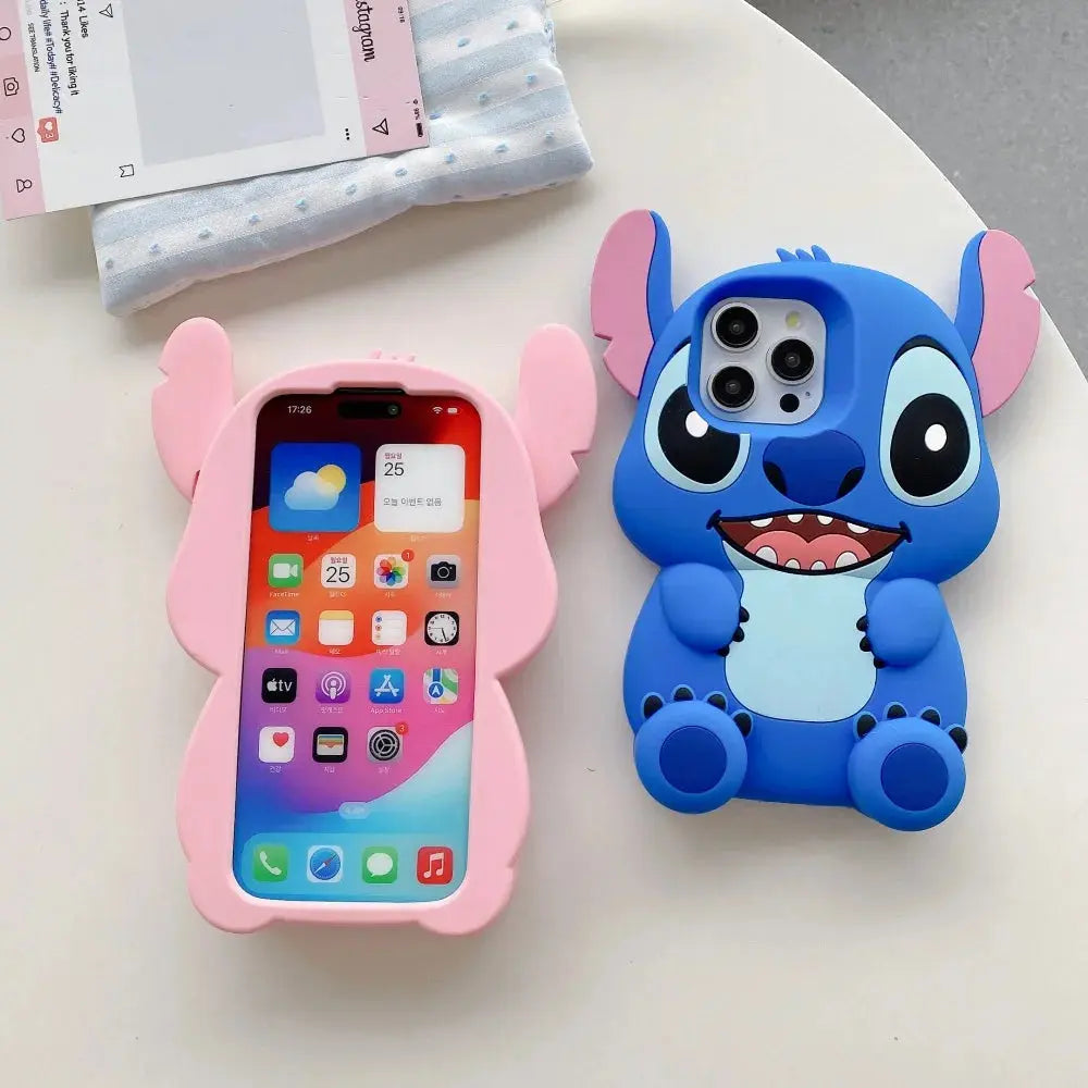 3D Stitch Big Ear Foot Holder Soft Phone Case for iPhone 16  15 Pro Max 13 14 Pro 15 Cartoon Silicone Stand Anti Fall Cover BoosterCity