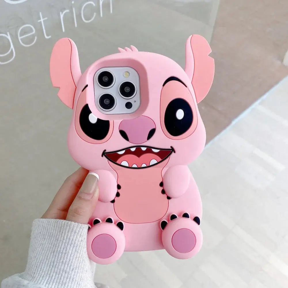 3D Stitch Big Ear Foot Holder Soft Phone Case for iPhone 16  15 Pro Max 13 14 Pro 15 Cartoon Silicone Stand Anti Fall Cover BoosterCity