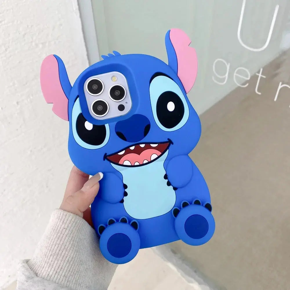 3D Stitch Big Ear Foot Holder Soft Phone Case for iPhone 16  15 Pro Max 13 14 Pro 15 Cartoon Silicone Stand Anti Fall Cover BoosterCity